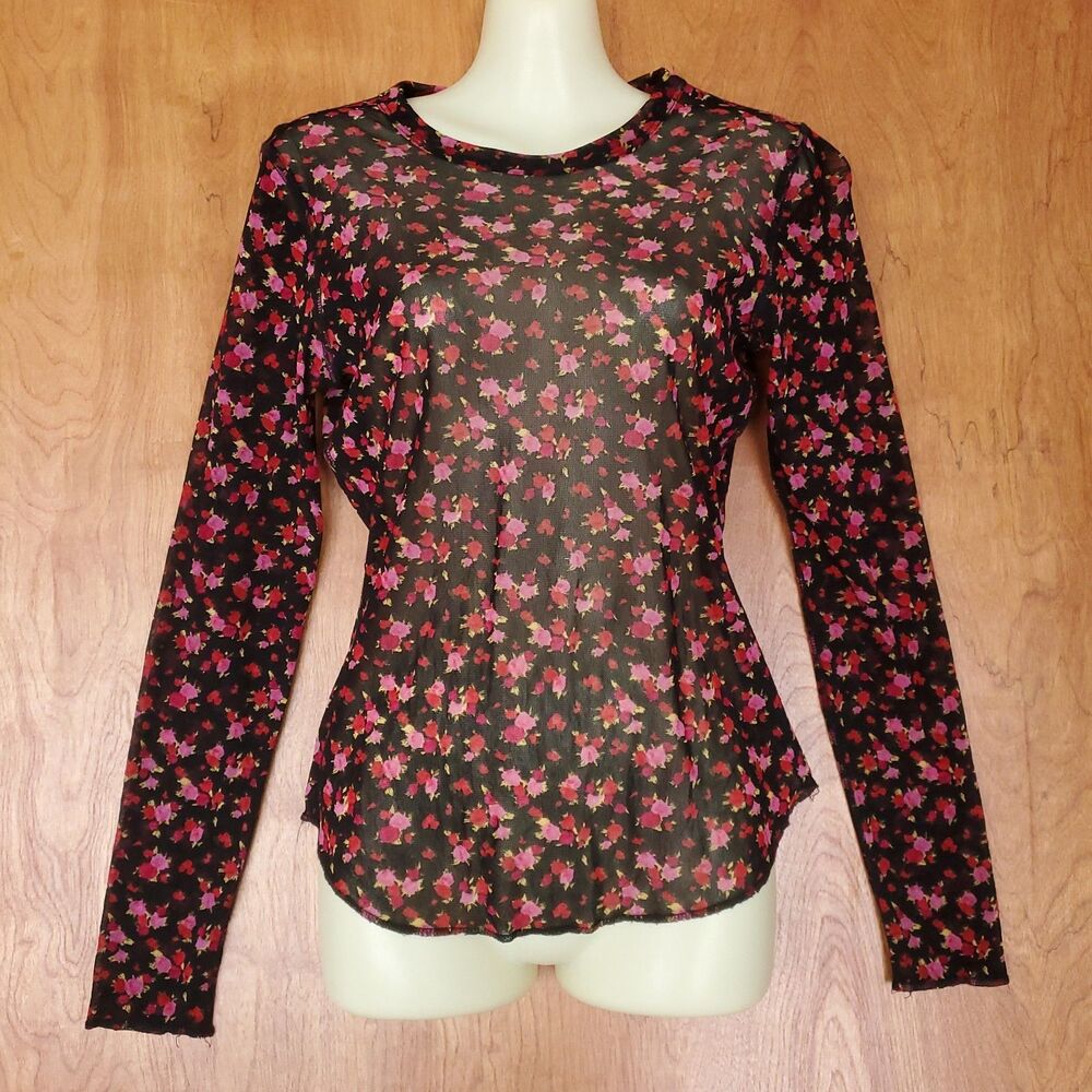 Karen Kane Floral Mesh Top Size M Black Red Whimsigoth Dark Fairy Y2K Valentines